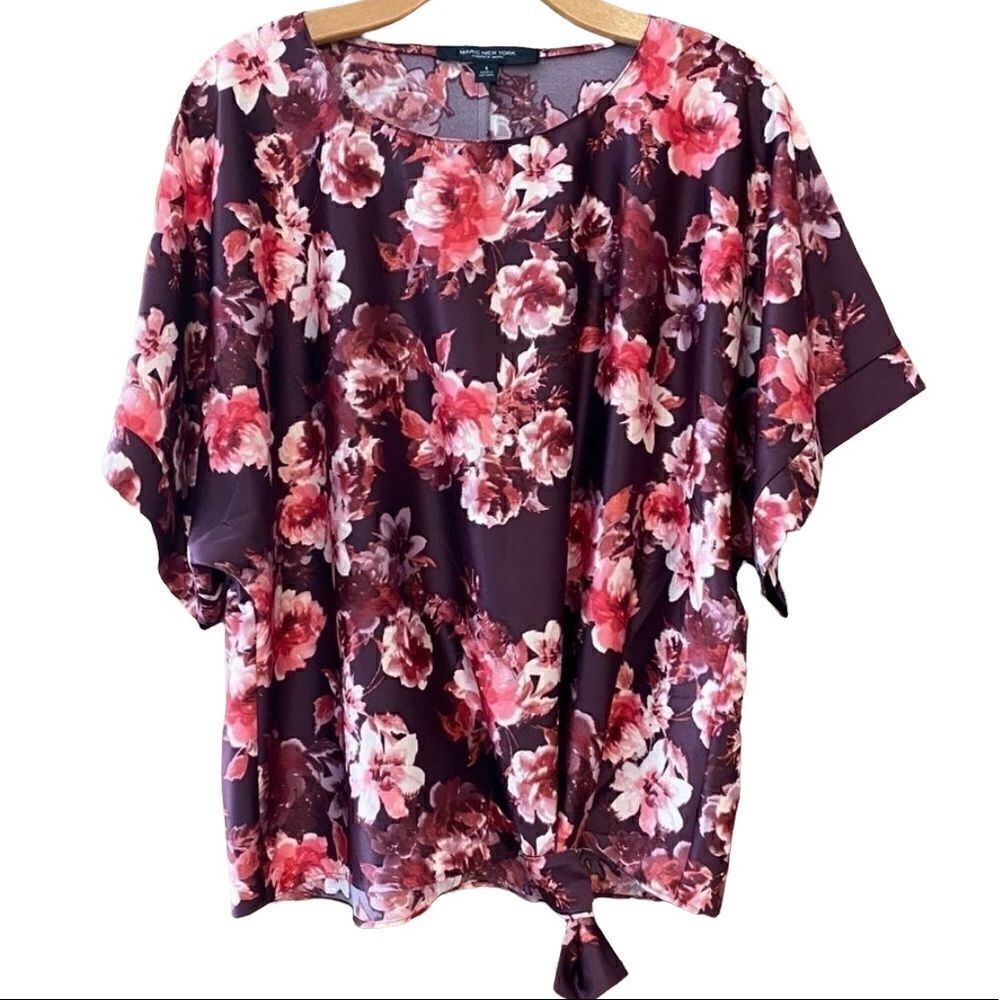 Marc New York Sz S NWT Purple Pink Satin Floral Hem Knotted Tie Blouse